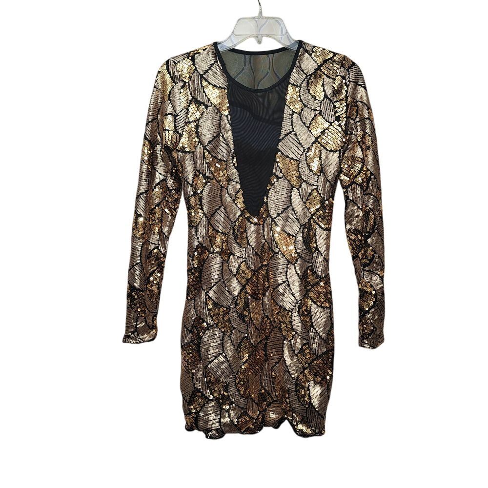 Gold Womens Sequined Black Mesh Long Sleeves Knee Length Size Med Reveling Dress